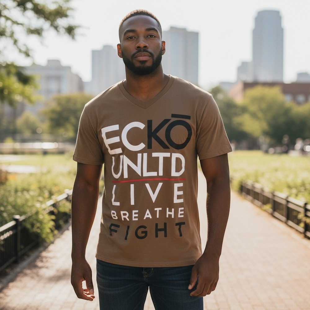Ecko Unltd MMA T-Shirt 2XL Brown Excellent Live Breathe Fight V-Neck Graphic